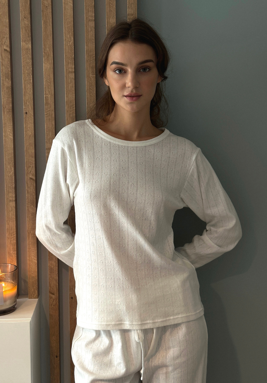 Miann &amp; Co Womens - Emma Round Neck Long Sleeve Pyjama T-Shirt - Frost Pointelle