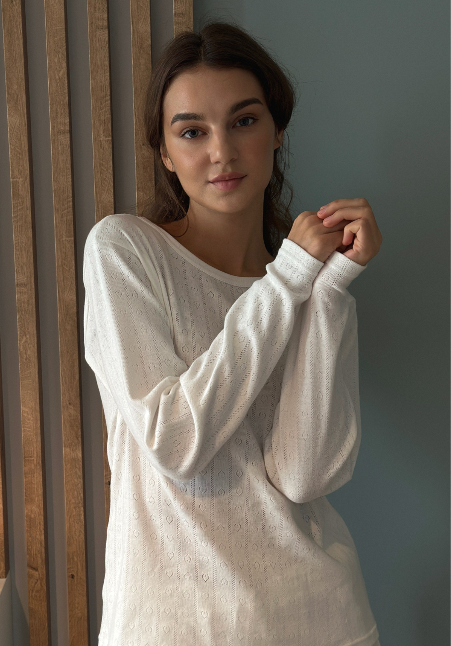 Miann &amp; Co Womens - Emma Round Neck Long Sleeve Pyjama T-Shirt - Frost Pointelle