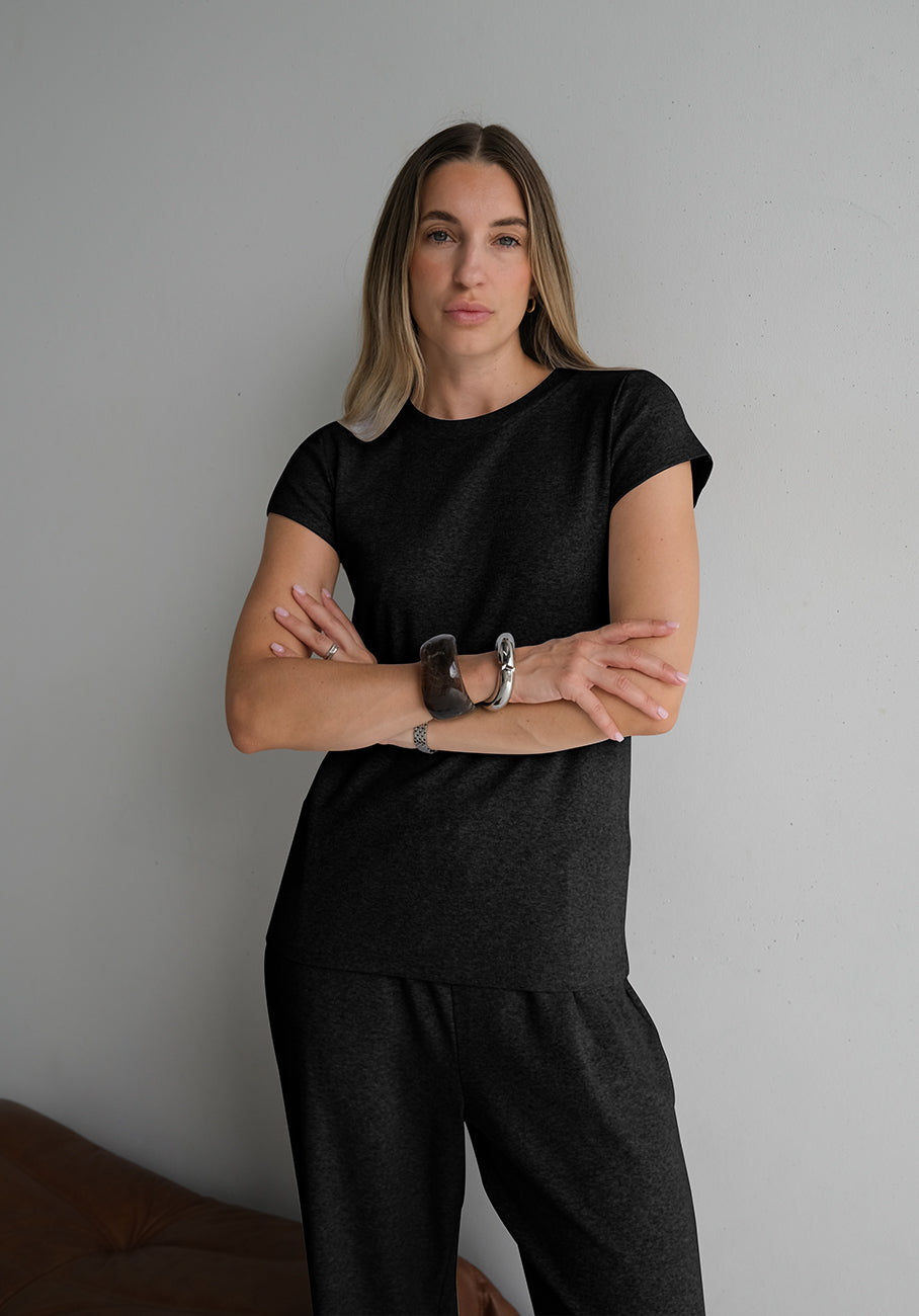 Miann &amp; Co Women - Sky Cap Sleeve Jersey Rib T-Shirt - Jet