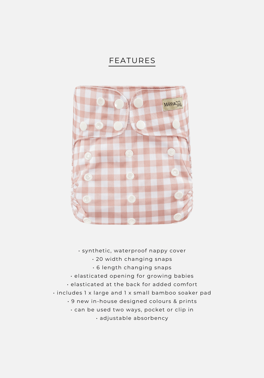 Adjustable and Reusable Modern Cloth Nappy with Bamboo Insert - Miann &amp; Co - Sustainable baby care in Blush Gingham.