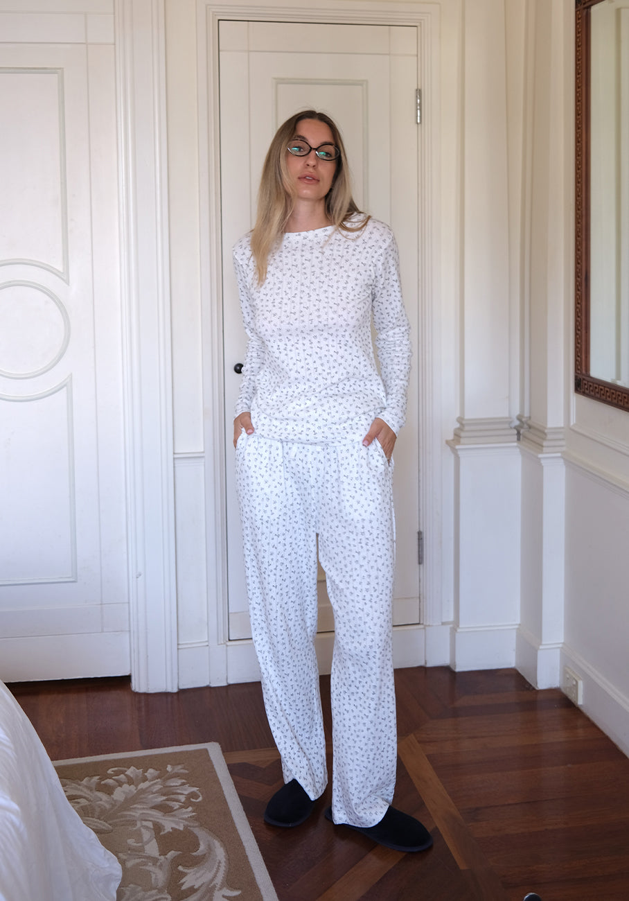 Miann &amp; Co Womens - Keira Wide Leg Pyjama Pants - Cornflower Posy Pointelle