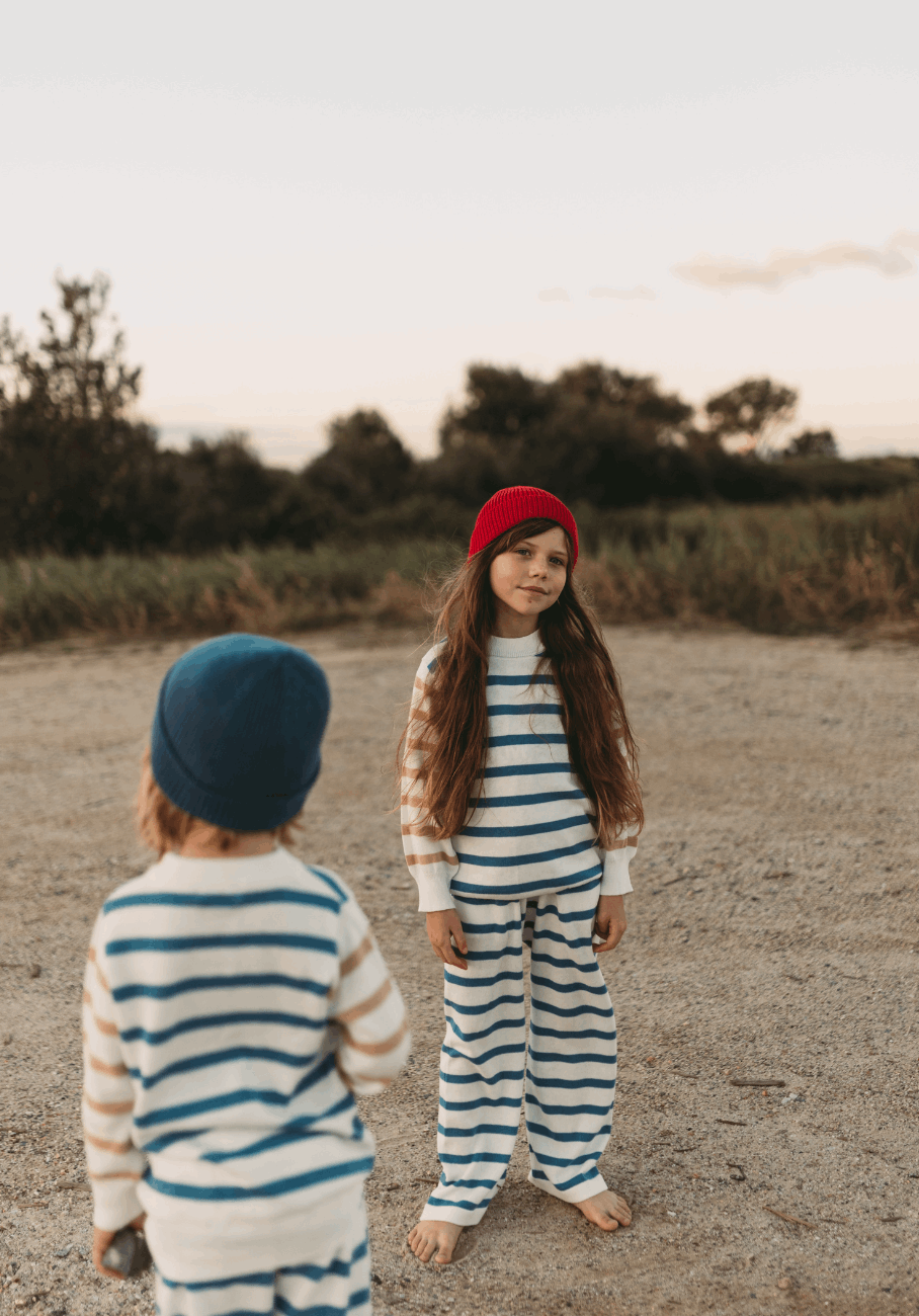 Baby Winter Set - Knitted Round Neck Jumper &amp; Wide Leg Pants - Contrast Stripe