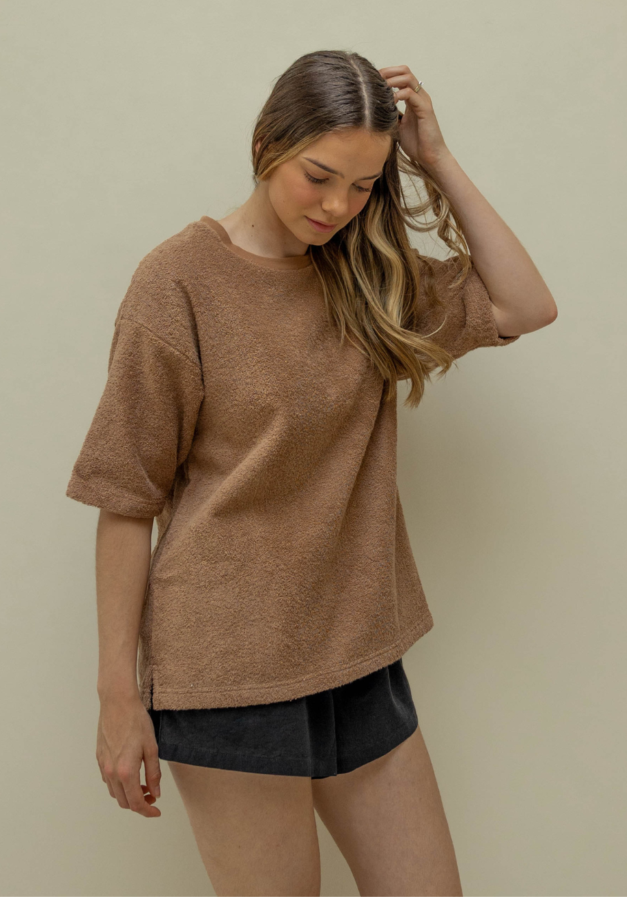 Miann &amp; Co Womens - Kai Terry Towelling Boxy T-Shirt - Café Au Lait