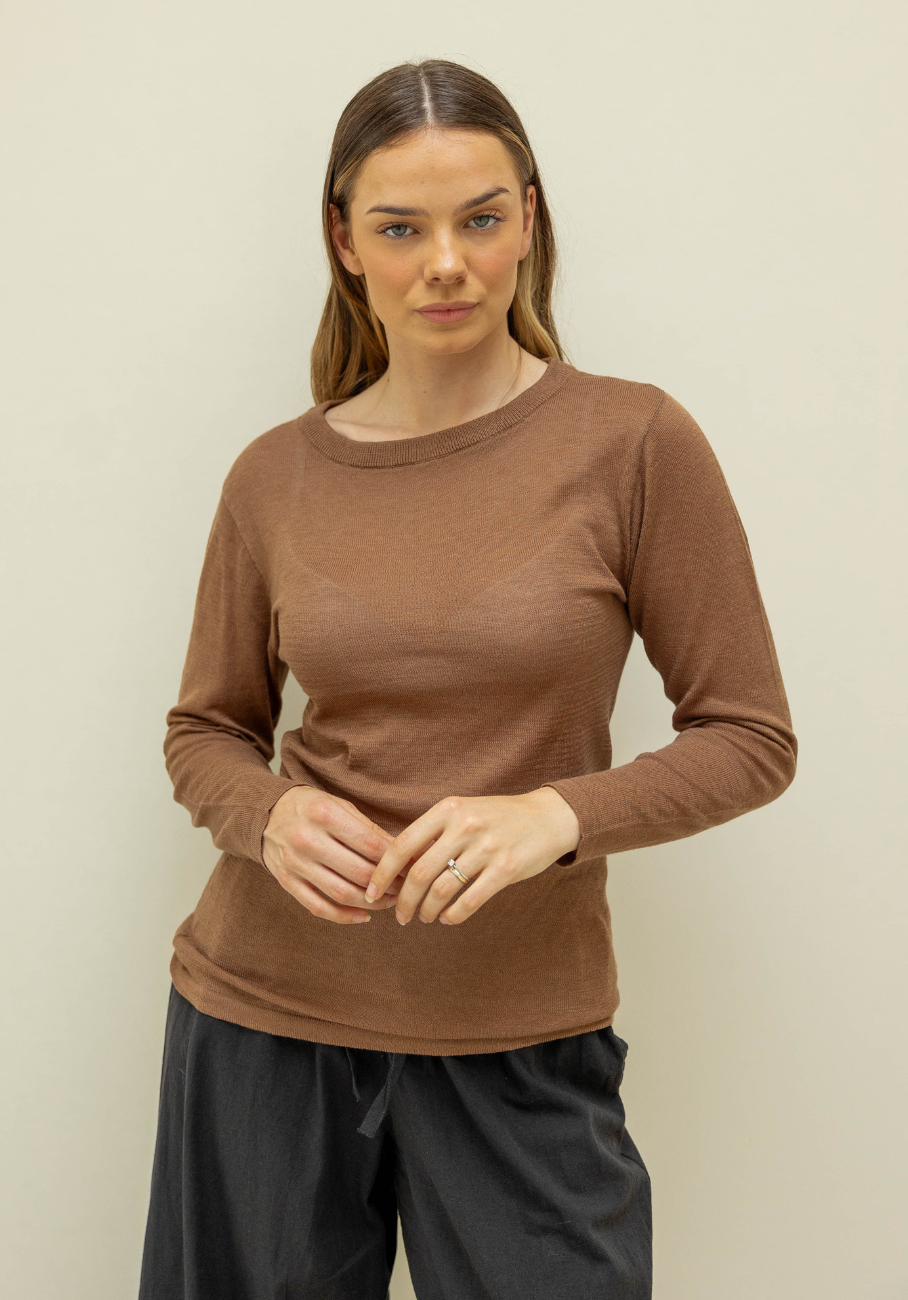 Miann &amp; Co Womens - Venus Sheer Knit Long Sleeve T-Shirt - Café Au Lait