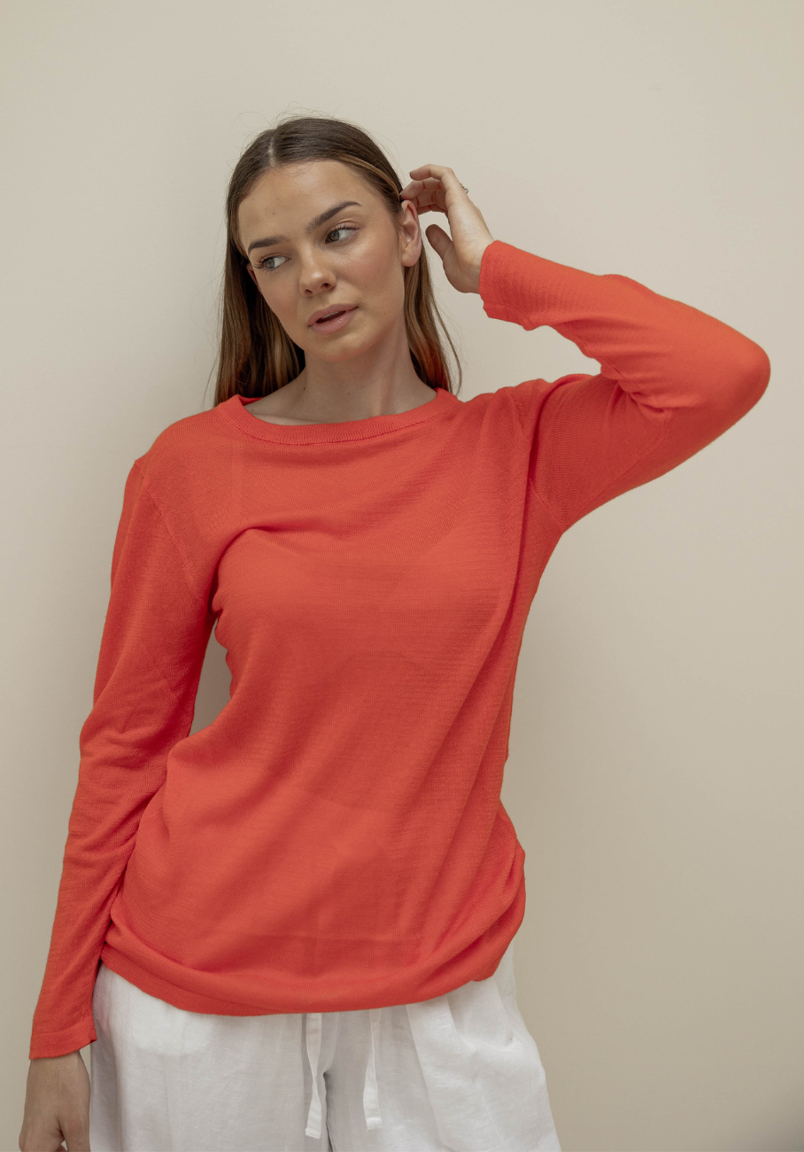 Miann &amp; Co Womens - Venus Sheer Knit Long Sleeve T-Shirt - Tomato