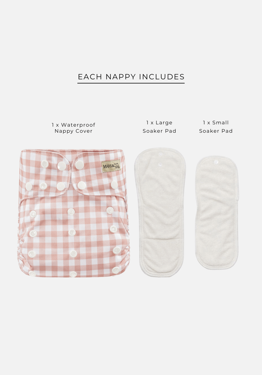 Adjustable and Reusable Modern Cloth Nappy with Bamboo Insert - Miann &amp; Co - Sustainable baby care in Blush Gingham.