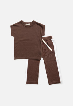 Baby Knit Set - Boxy Knit T-Shirt & Knit Side Stripe Pants - Espresso