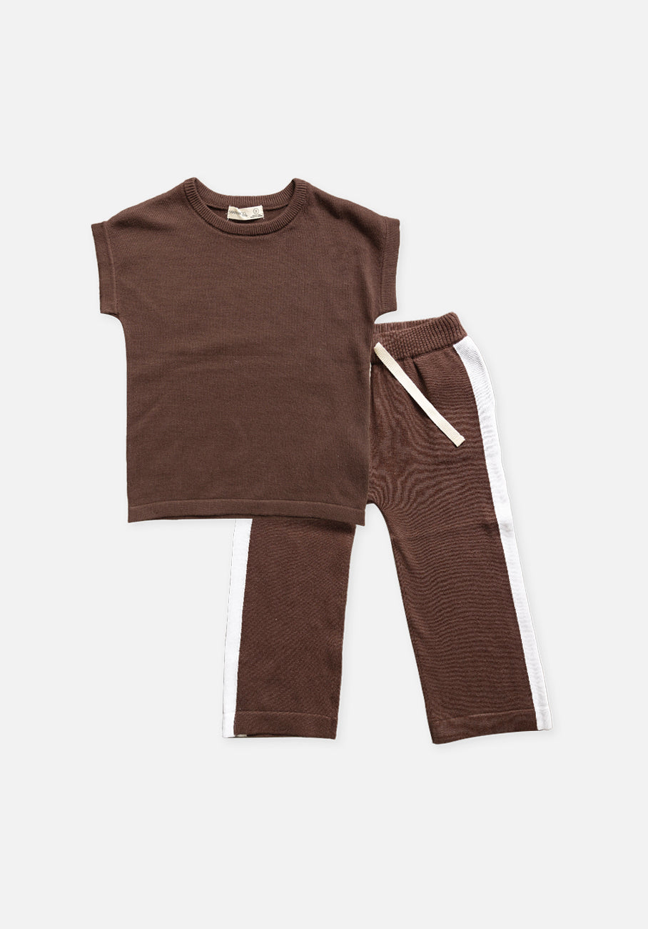 Baby Knit Set - Boxy Knit T-Shirt &amp; Knit Side Stripe Pants - Espresso