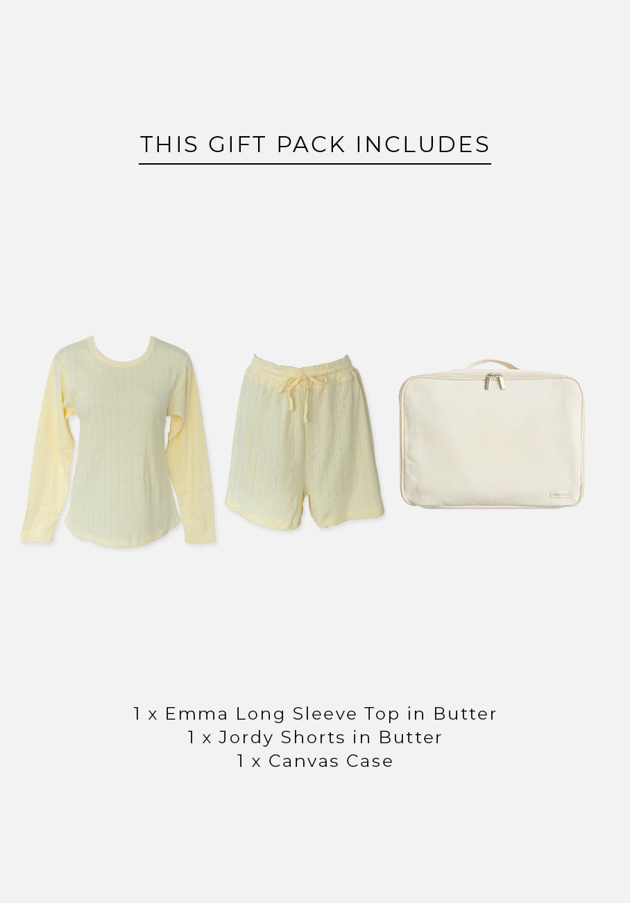 Gift Pack - Emma Round Neck Long Sleeve T-Shirt &amp; Jordy Shorts - Butter Pointelle