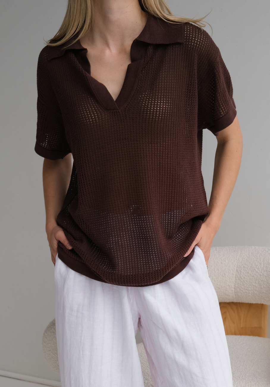 Miann &amp; Co Womens - Louise Crochet Polo Top - Espresso