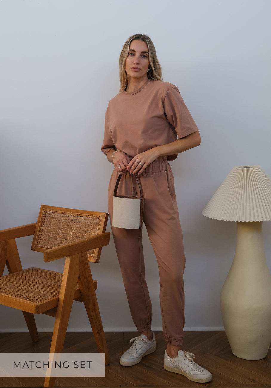 Matching Set - Lexi Oversized Boxy Jersey T-Shirt &amp; Sydney Jersey Cuffed Pants - Mocha