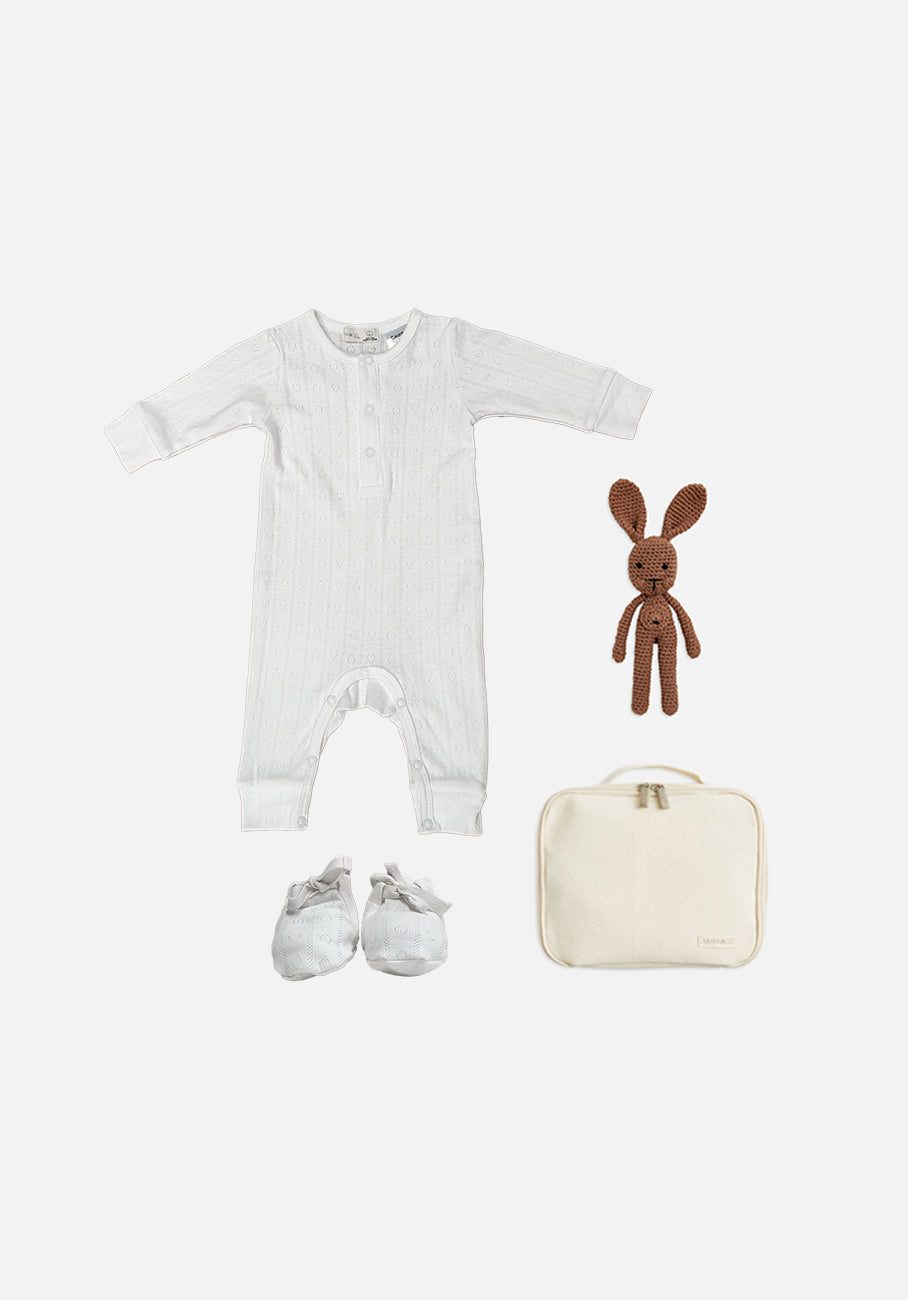 Gift Pack - Long Sleeve Button Down Jumpsuit, Booties &amp; Small Soft Toy - Café Au Lait Bailey Bunny - Frost Pointelle